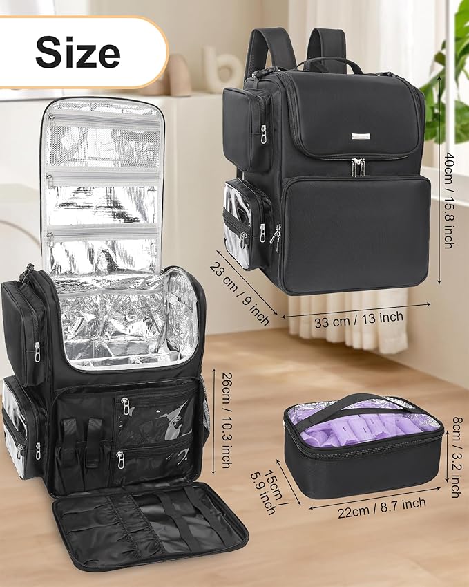 Relavel Hair Tools Travel Bag Hair Stylist Backpack Hairdresser Cosmetology Bag, Heat Insulation Full Layer for Curling Iron, Hair Straightener, Travel Accessories Train Case Barber Organizer, Black