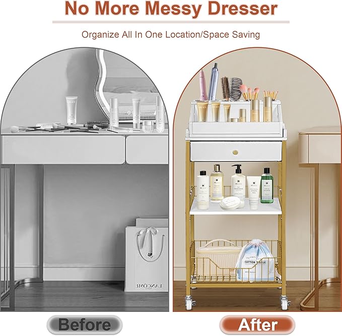 NauwaBarn Makeup Organizer Cart with Drawer, 2-in-1 Rolling Organizer Cart with Hair Tool Holder, Vanity Storage for Skincare, Perfume, Nail Polish, Cosmetics, Gold Finish