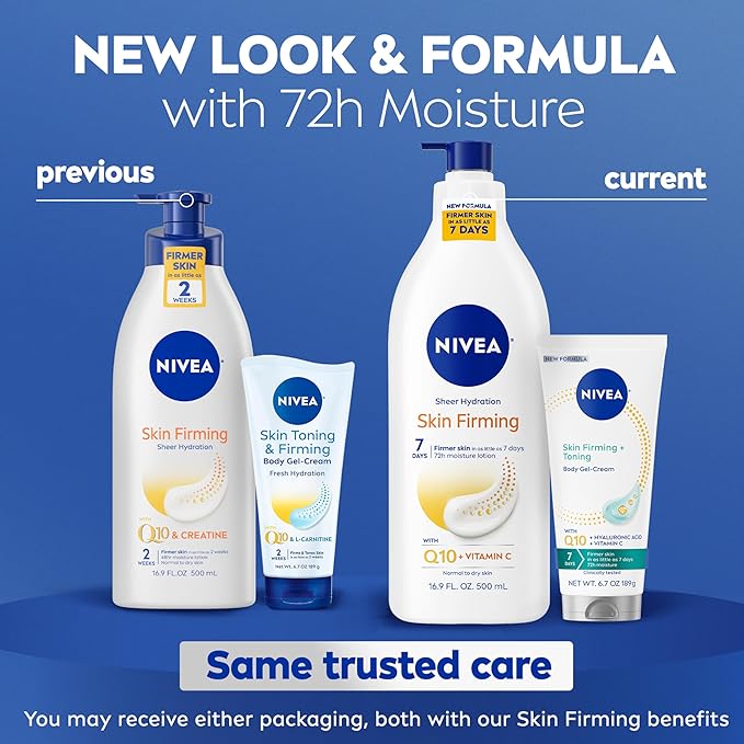 NIVEA Sheer Hydration Skin Firming Body Lotion (16.9 FL OZ) Skin Firming and Toning Body Gel Cream with Hyaluronic Acid (6.7 OZ), Skincare Enriched with Q10 and Vitamin C Multipack of 2