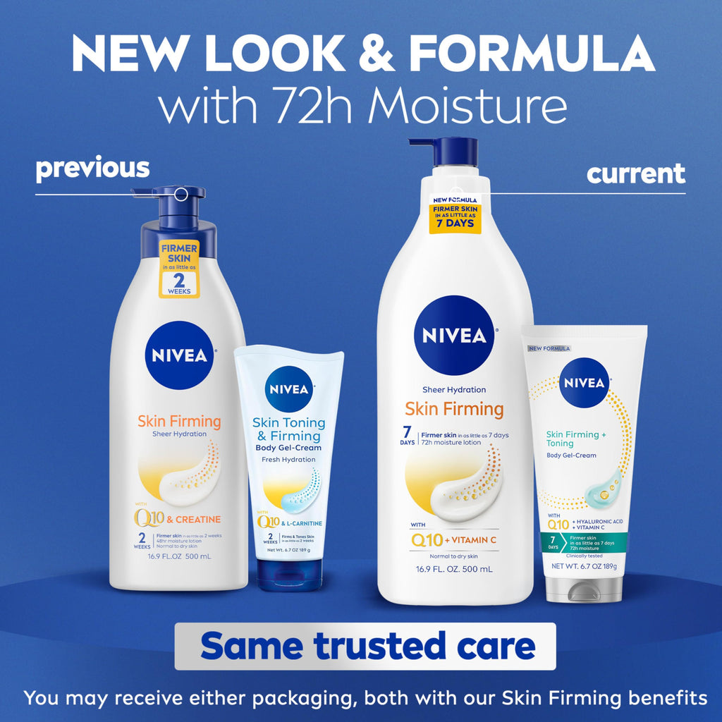 NIVEA Sheer Hydration Skin Firming Body Lotion (16.9 FL OZ) Skin Firming and Toning Body Gel Cream with Hyaluronic Acid (6.7 OZ), Skincare Enriched with Q10 and Vitamin C Multipack of 2