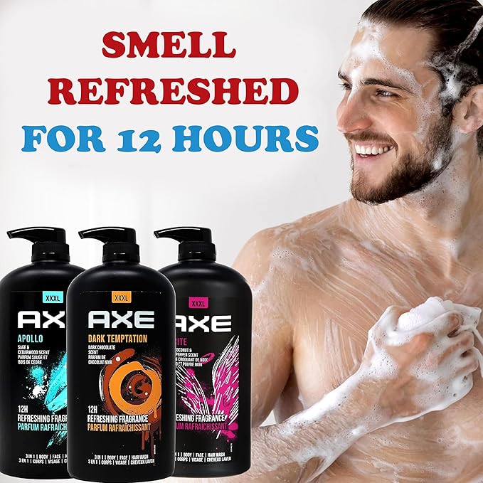AXE Men's Body Wash Variety 3-Pack, Dark Temptation, Apollo, and Excite 3-in-1 Body, Face & Hair Wash, 32 Oz Ea