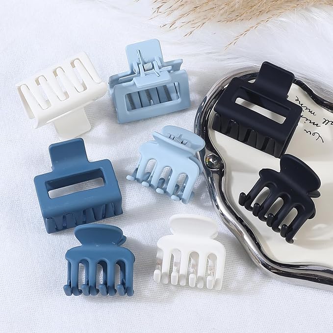Medium Hair Clips Combination 2 Styles Small Claw Clips for Thin Hair 8 Pcs Matte Non-slip Rectangle Jaw Clips Square Hair Accessories for Women and Girls (Blue)