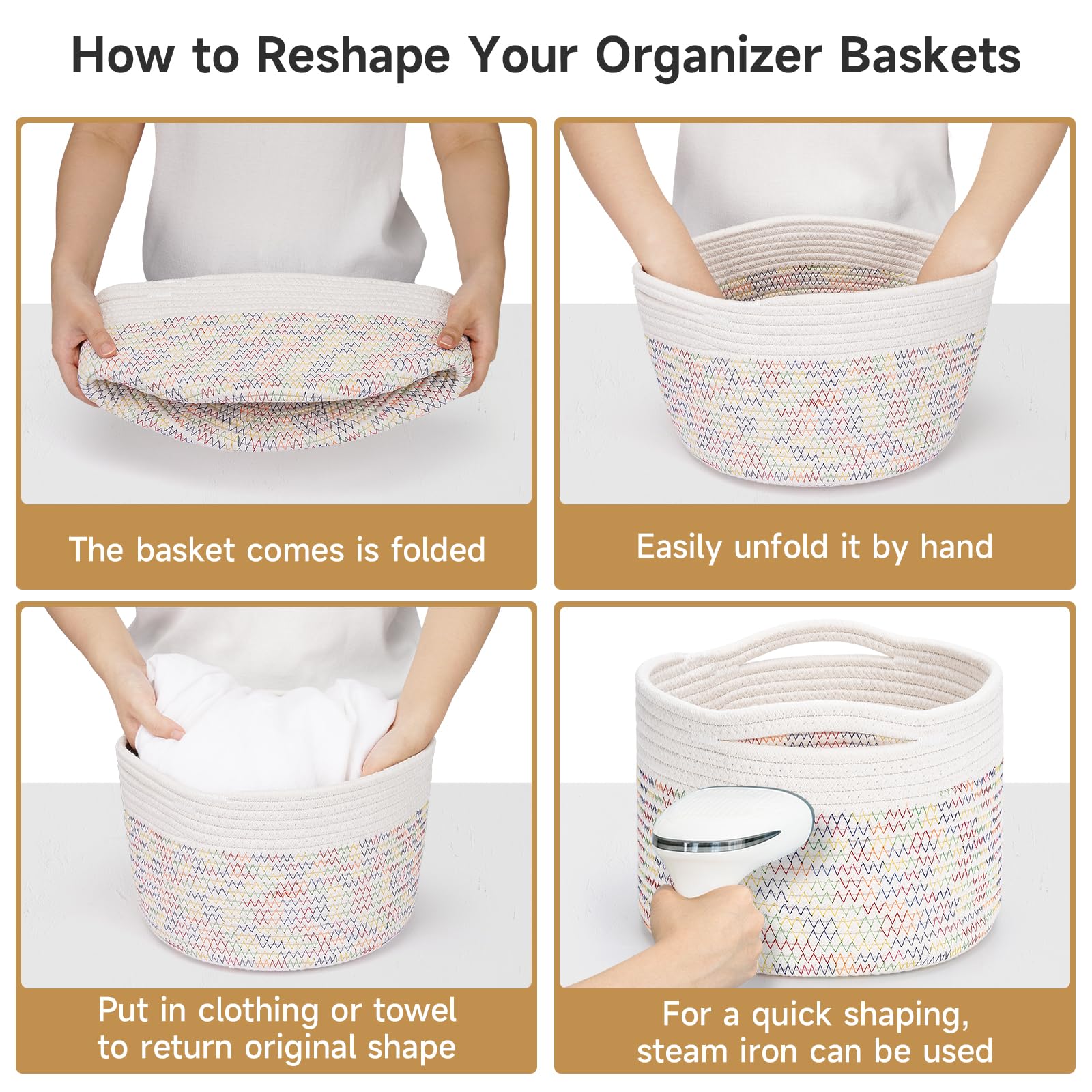 Maxuni 3 Pack Small Rope Storage Baskets, 9.82×9.82×7.1", Rainbow