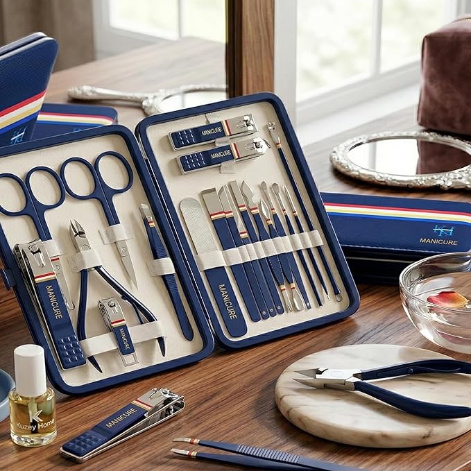 Nail Clippers Set - 19 Piece Manicure & Pedicure Kit, Stainless Steel Fingernail & Toenail Tools with Luxurious Travel Case for Men & Women