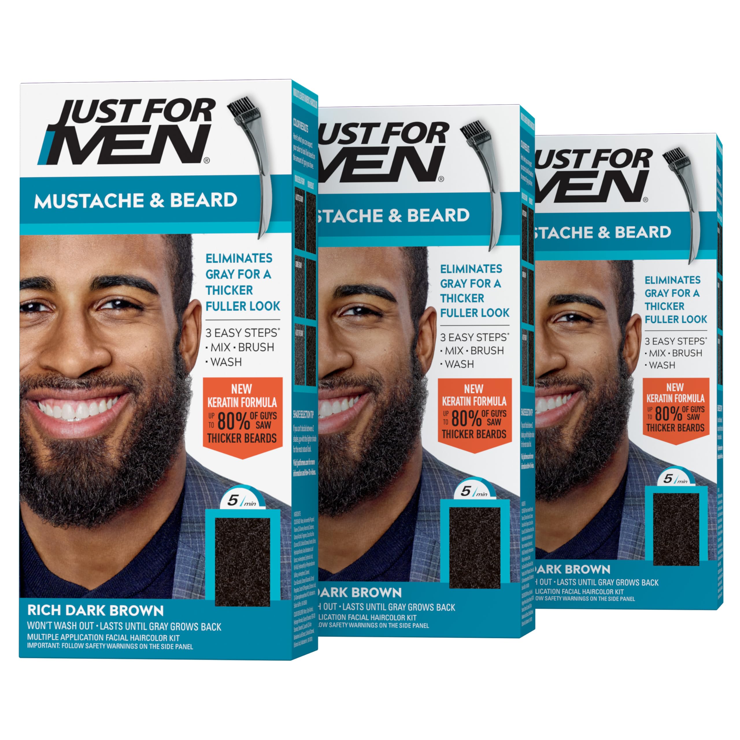 JUST FOR MEN Mustache & Beard Dye, Keratin, Rich Dark Brown M-47 (3 Pack)