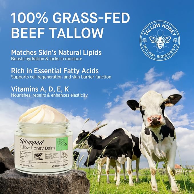 Beef Tallow Honey Balm for Skin: 100% Grass Fed Whipped Organic Moisturizer with Organic Raw Honey, Jojoba Oil, Vitamin E – Natural Face and Body Care for Mature, Dry or Sensitive Skin, 2oz