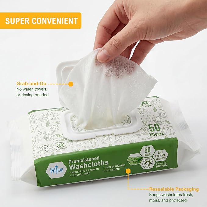 MED PRIDE Premoistened Washcloths 8x12 in with Aloe & Lanolin,600 Count
