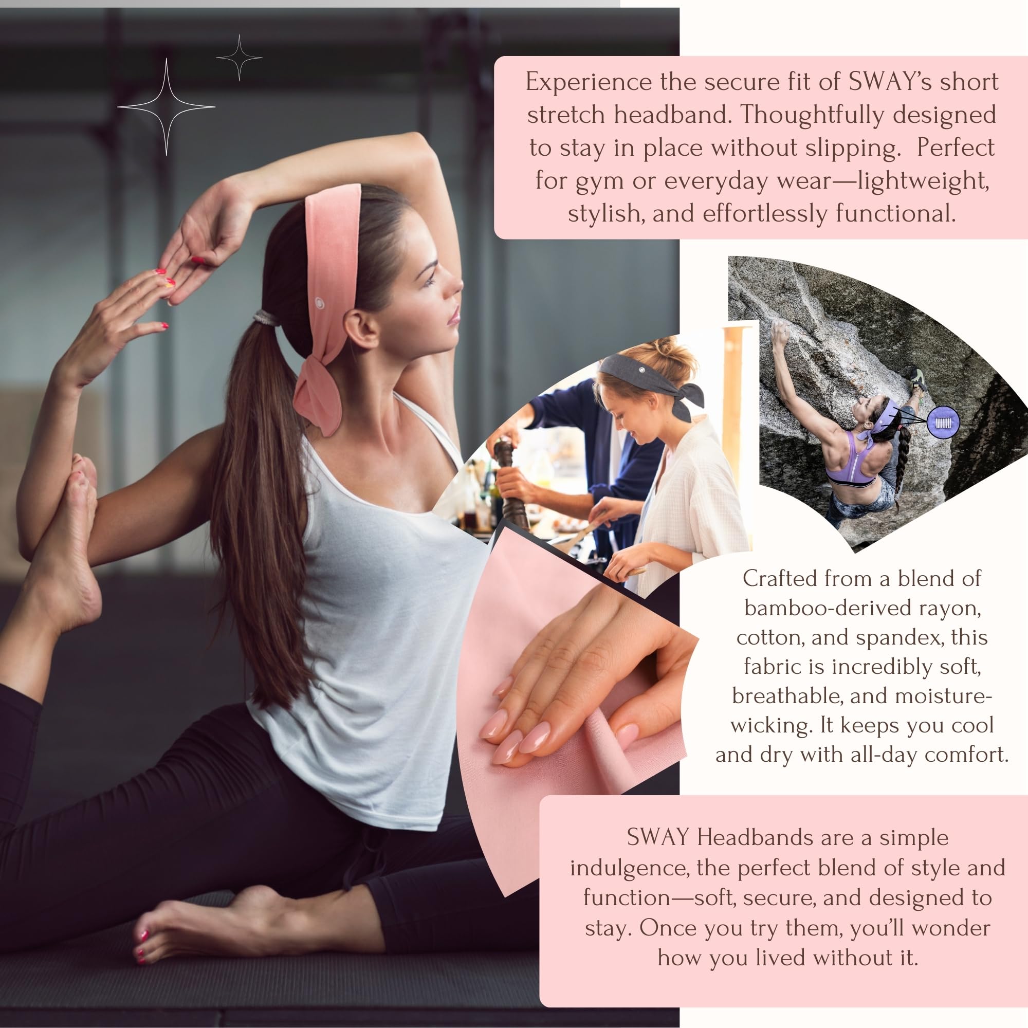 SWAY Short Stretch Non-Slip Headband for Women – Moisture-Wicking, No Headaches, Stays Put for Workouts, Gym, Yoga, Running and Nurse