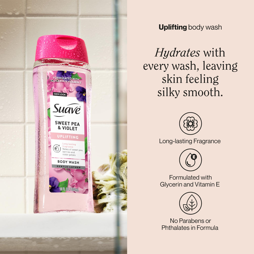 Suave Moisturizing Body Wash, with Sweet Pea Violet and Vitamin E Extract, No Parabens, No Phtahaltes, 18 Fl Oz (Pack of 6)