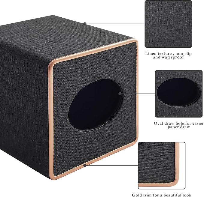 Linen Square Tissue Box Cover,Cube Tissue Box Holder－Excellent Rosegold Leather Decoration,Table Napkin Case Dispenser,Facial Tissues Organizer with Magnetic Bottom for Home Office Car(Black)
