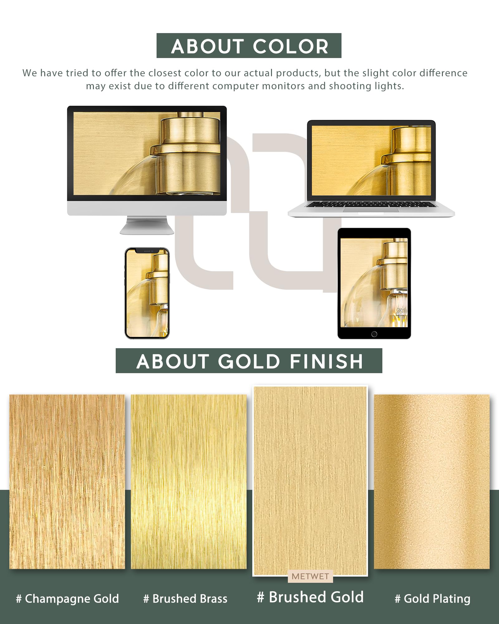 METWET 5-Light Brushed Gold Bathroom Vanity Light, White Fabric Shades