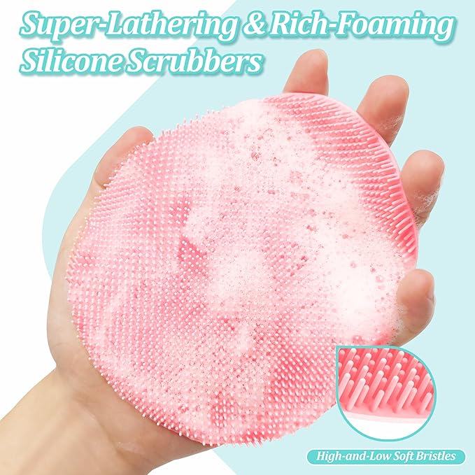 Upgrade Silicone Bath Glove 2PCS, 360° Anti-Slip & Enlarged Silicone Body Scrubber for Rich Foam Deep Cleaning, Revolutionary No-Grip & Hand-fit Shower Scrubber for All Skin Types(Black+Pink)