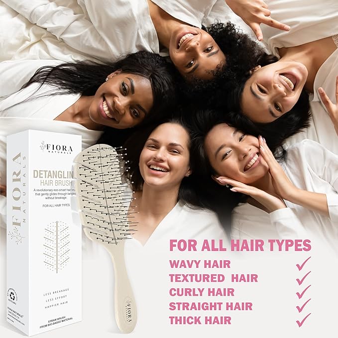 Detangler Brush by Fiora Naturals - 100% Bio-Friendly Detangling brush w/Ultra-Soft Bristles - Glide Through Tangles with Ease - For Curly, Fine, Black Natural, Women, Men, Kids - Dry and Wet Hair
