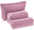 Huhumy 3 Pcs Makeup Bag Set for Women Corduroy Cosmetic Pouch Aesthetic Smile Travel Toiletry Bag Cute Purse Pouch Pencil Case Makeup Brushes Storage Organizer with Zipper(Rose Pink,Solid Style)