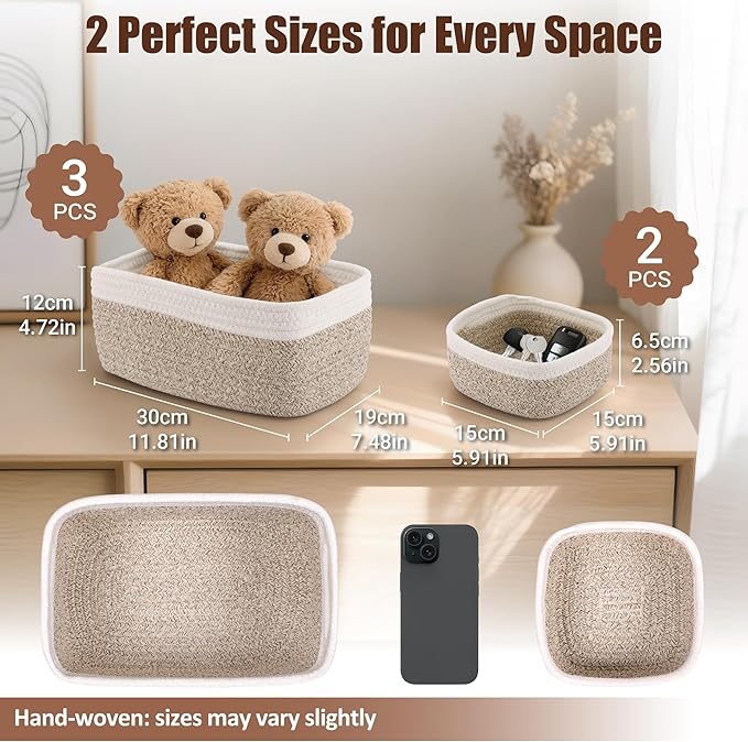 VIRETH HAUS 5-Pack Small Woven Rope Storage Baskets – 2 Sizes Organizer Bins for Closet, Shelf, Bookshelf, Nursery, Changing Table, Fabric Cube Boxes, Rectangular Shallow Bins for Bathroom, Toy & Home