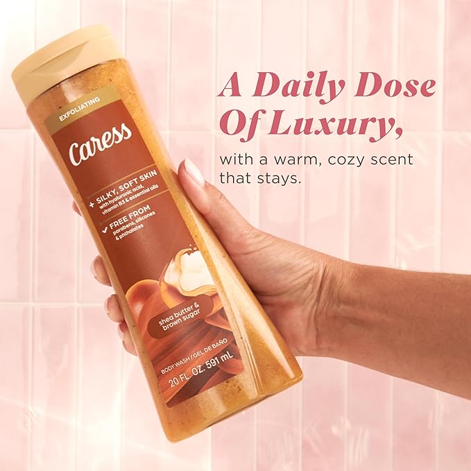 Caress Body Wash for Women, Shea Butter & Brown Sugar, Hydrating and Exfoliating Shower Gel for Gorgeous Radiant Skin, 20 fl oz, 4 Pack