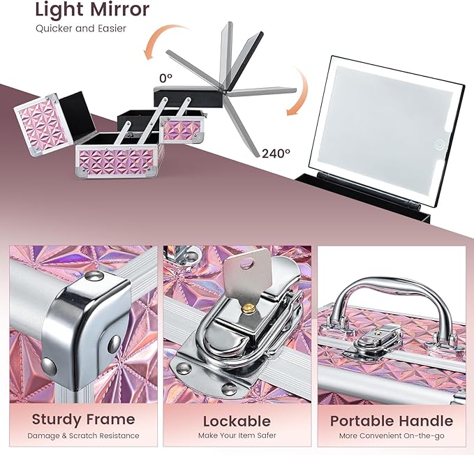 Faquenc Makeup Case with Lighted Mirror - Shiny Pink Hard Makeup Train Case with 3-Color LED Mirror, Portable Makeup Organizer Box for Women & Travel, Aluminum Cosmetic Case with Lock