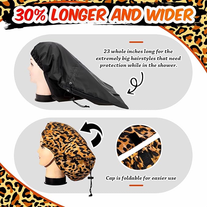 SATINIOR 2 Pcs Braid Shower Cap Jumbo Waterproof Shower Caps for Long Hair, Extra Large Adjustable Foldable Bath Caps with Drying Loop, Plastic Hair Bonnets for Women Men Dreadlocks(Leopard)