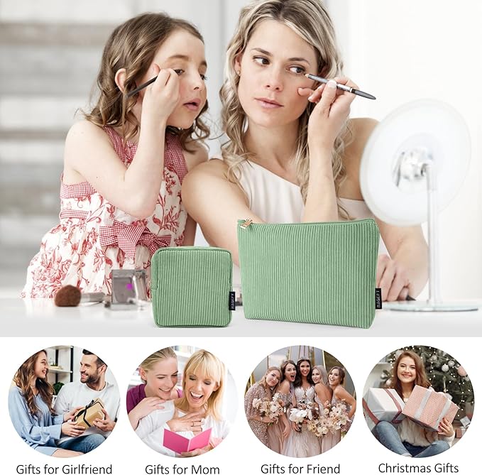 MAGEFY Small Makeup Bag, 2 Pcs Corduroy Makeup Bag for Purse Make Up Organizer Bag Mini Pouch with Slip-in Pockets Aesthetic Preppy Stuff - Green