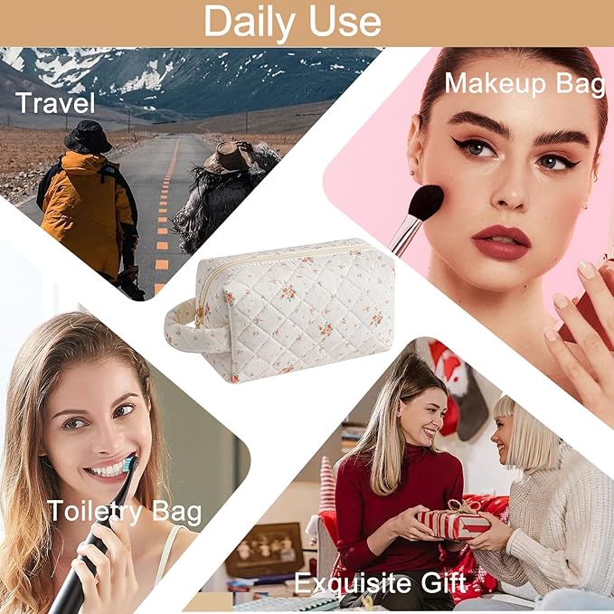 HHQQWZ Makeup Bag Travel Cosmetic Bag for Women, Zipper Make Up Pouch, Floral Flowers Toiletry Organizer Makeup with Handle, Cosmetic Travel Cloth Bag (Beige Floral)