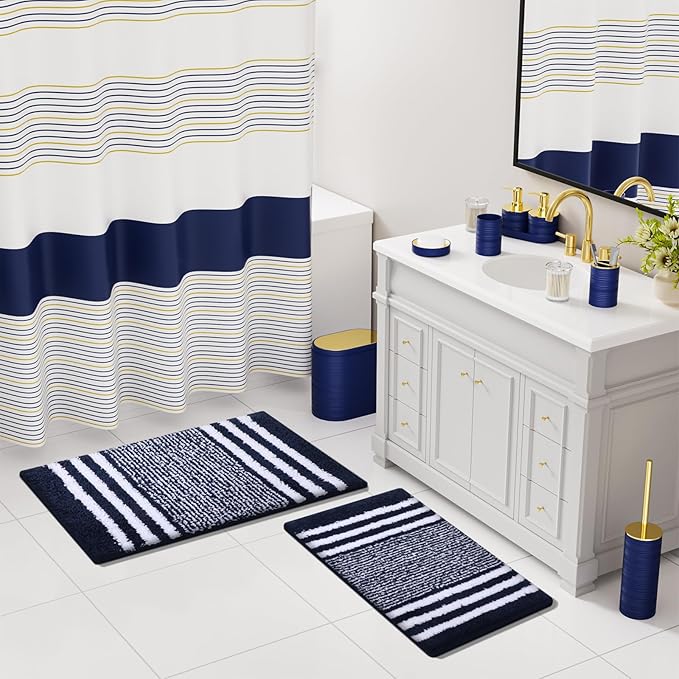 InnJoey Bathroom Set - Bathroom Sets with Shower Curtain and Rugs, 25PC Bathroom Accessory Set, Blue Bathroom Accessories Set with Trash Can, Soap Dispensers