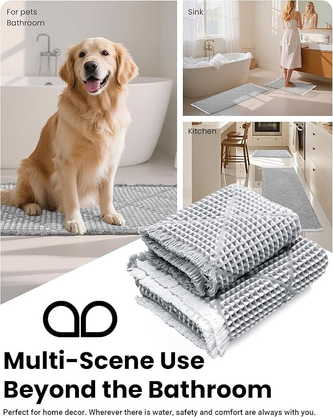 Furicher Waffle Bath Mat Set, Non Slip Bathroom Rugs Sets 2 Piece, Ultra Absorbent Long Bath Rug Runner for Bathroom Decor, Machine Washable Boho Mats, Grey & White, 20"×47" Plus 18"×30"