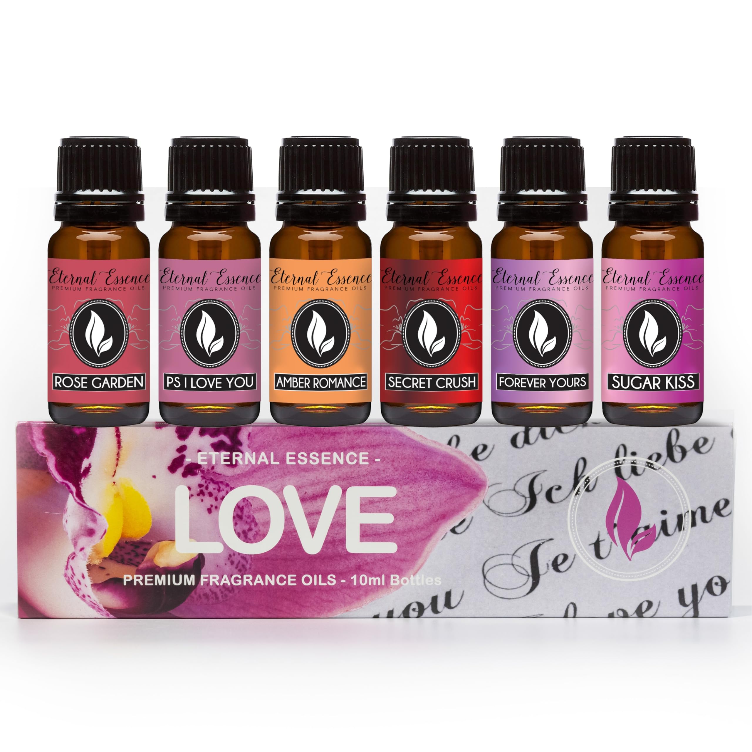 Eternal Essence Oils Love Set of 6 Premium Fragrance Oils - Rose, PS I Love You, Amber Romance, Secret Crush, Forever Yours and Sugar Kiss - for Diffusers, Candle & Soap Making, & Aromatherapy - 10ML