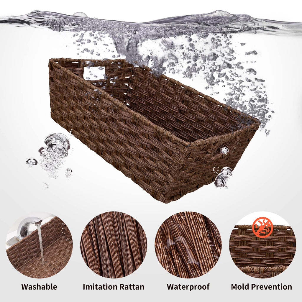 Onlytak Large Wicker Storage Basket, Metal Frame, Set of 2, Washable Waterproof, 15" x 10.3" x 5.2", Brown Color, Woven Basket for Pantry, Toilet, Bathroom, Bedroom, Patio