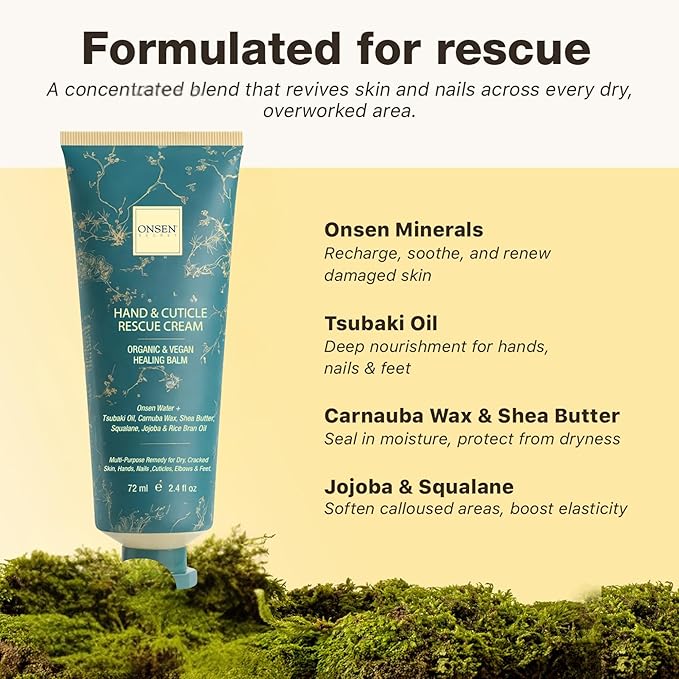Onsen Hand & Cuticle Rescue Cream | Organic Nail Strengthener & Balm | Dry, Cracked Hands, Elbows & Feet | Shea Butter, Tsubaki & Jojoba Oil | Nail Repair & Growth, Vegan - 1 Pack (2.4 fl. oz)