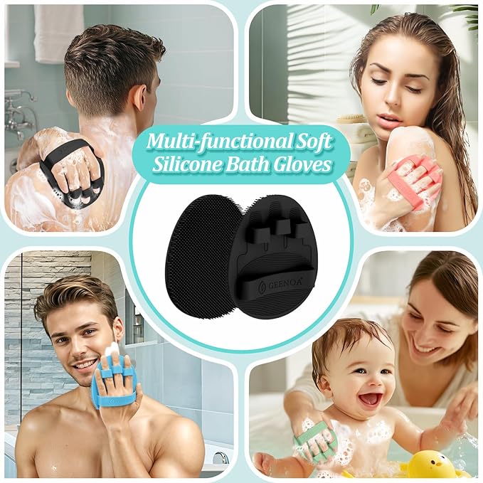 Silicone Bath Glove & Face Scrubber Set 2PCS, 360° Anti-Slip & Hand-fit Body Scrubber for Rich Foaming Deep Cleaning, Unique Facial Scrubber with Side-bristles for Contoured Areas.(Black)