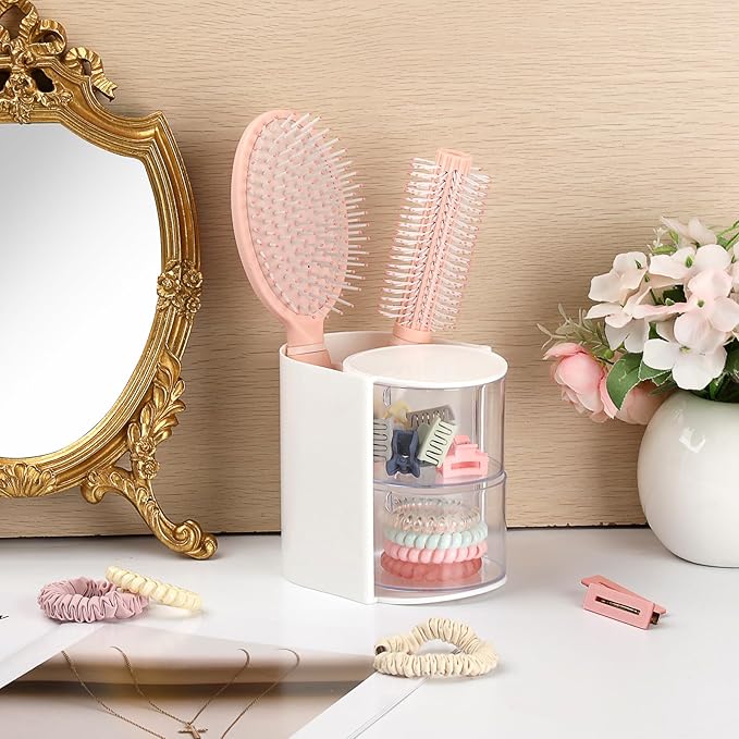 GUSHBIN Hair Accessories Organizer with Hair Brush Holder Rotating Makeup Storage Container Plastic Desktop Storage Organizer for Hair Clip Tie, 2-Layer White