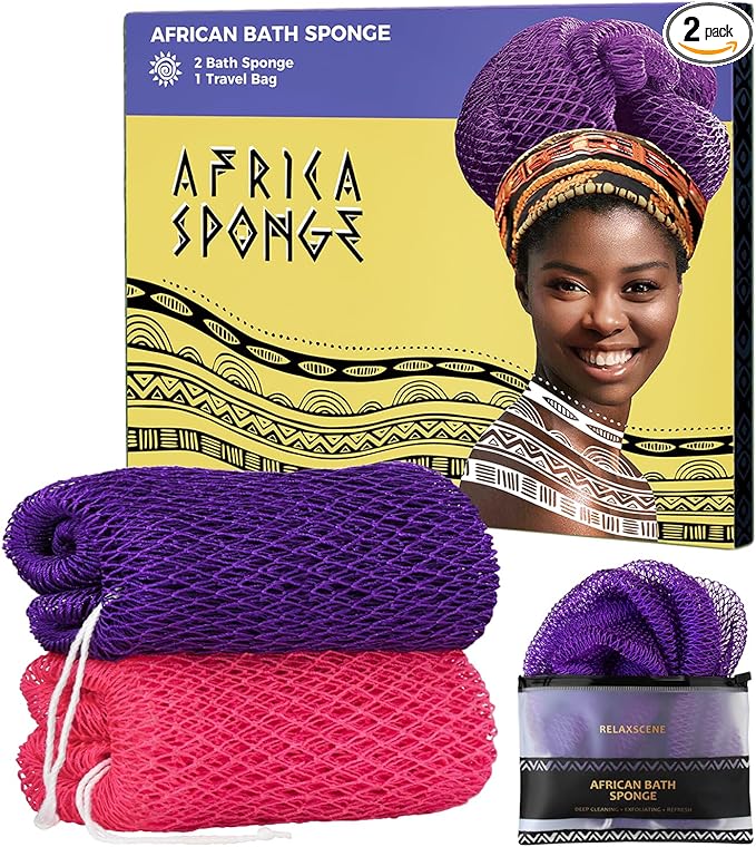 African Net Sponge Authentic - 2 Pieces 52IN Stretched Length Exfoliating Body Scrubber Bath Sponge - Loofah Washcloth Back Scrub for Shower Body Exfoliator
