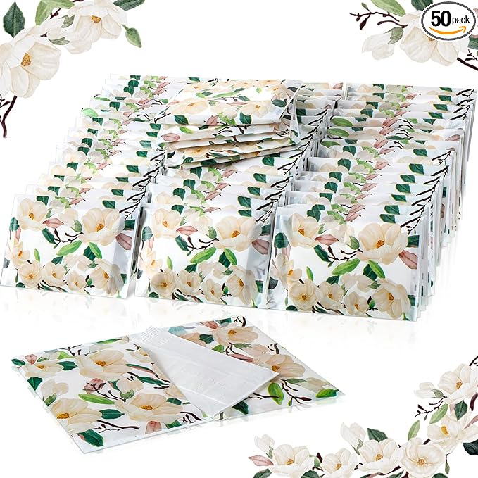 Geyee 50 Packs Tissue Travel Size Facial Paper Napkins Travel Packs Disposable Pocket Tissues for Wedding Guest Traveling School Purse Home Supplies, 500 Sheets 3 Ply(Magnolia)