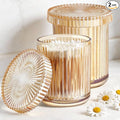 2 Pack Glass Qtip Holder Dispenser Set - Bathroom Organizer for Cotton Swabs, Balls, Pads, Floss Picks - Clear Apothecary Jars for Vanity, Makeup Storage, Bathroom Accessories Decor (Amber)