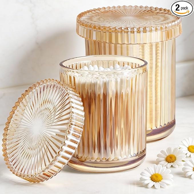 2 Pack Glass Qtip Holder Dispenser Set - Bathroom Organizer for Cotton Swabs, Balls, Pads, Floss Picks - Clear Apothecary Jars for Vanity, Makeup Storage, Bathroom Accessories Decor (Amber)