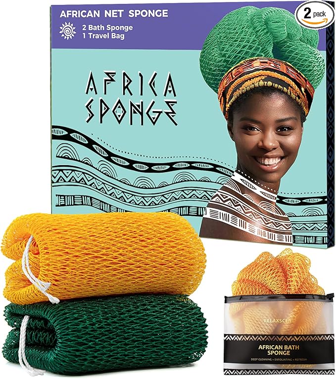 African Net Sponge Authentic - 2 Pieces 52IN Stretched Length Exfoliating Body Scrubber Bath Sponge - Loofah Washcloth Back Scrub for Shower Body Exfoliator