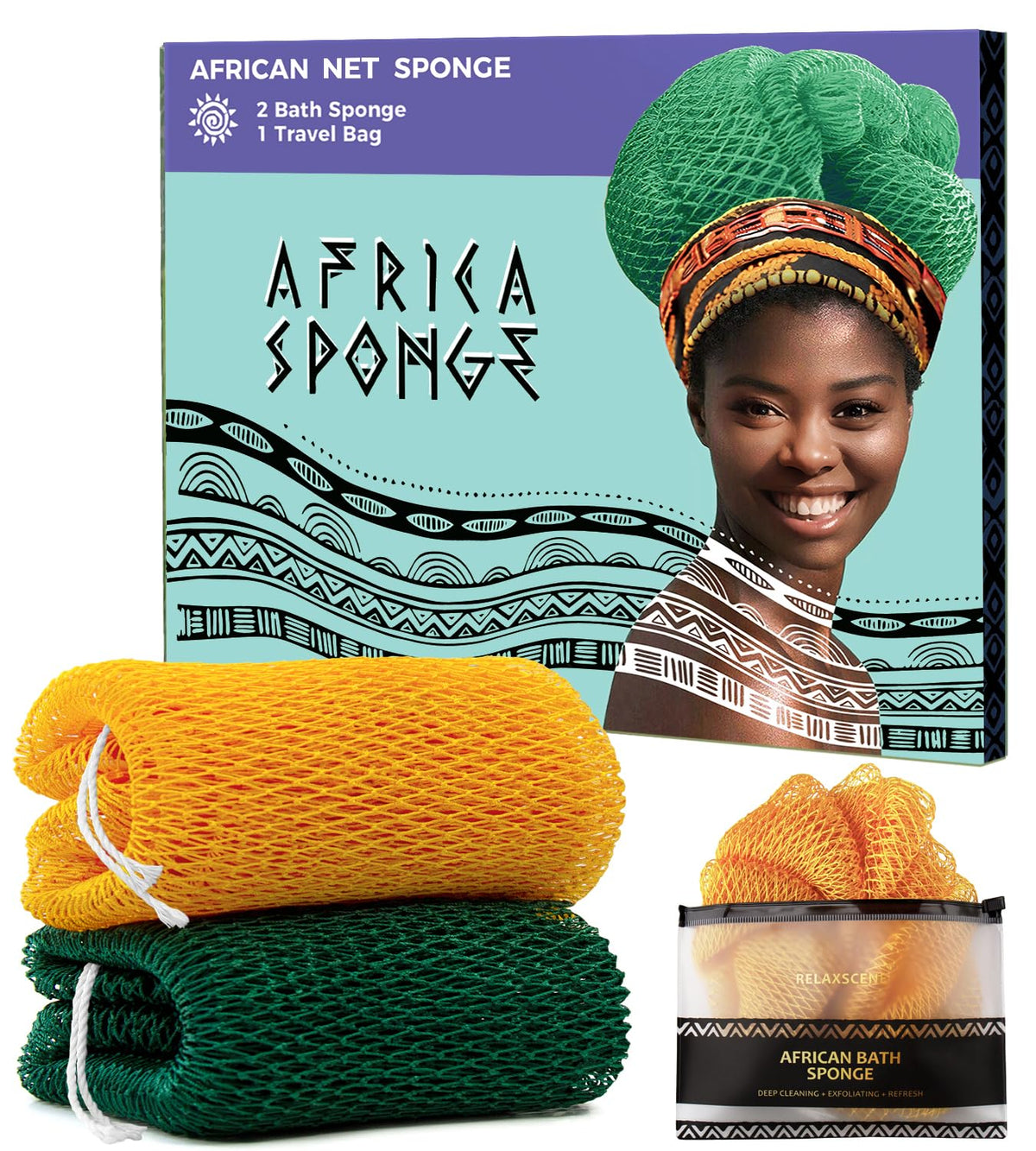 African Net Sponge Authentic - 2 Pieces Exfoliating Body Scrubber Bath Sponge - Back Scrubber Washcloth for Shower - Real African Scrub Exfoliator Body Care Bathing Accessories for Women