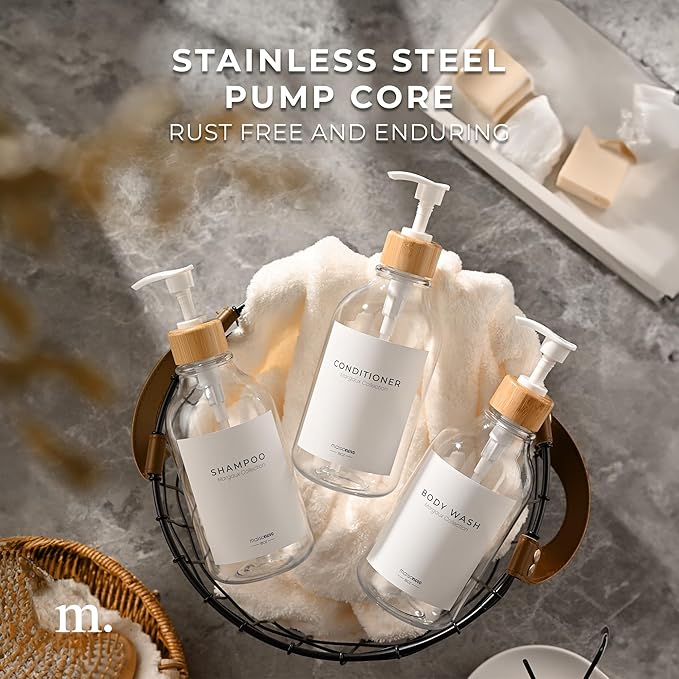 Shampoo and Conditioner Bottles Set of 3 Clear Bamboo – Shower Shampoo Dispenser – Hotel Style Bathroom Upgrade by MaisoNovo