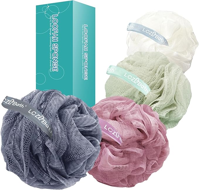 LCZLBath Loofah 4 Pack 75g Extra Large Loofa Set Soft Bath Sponge Thick Body Wash Puffs for Shower (Pink-White-Blue-Green)