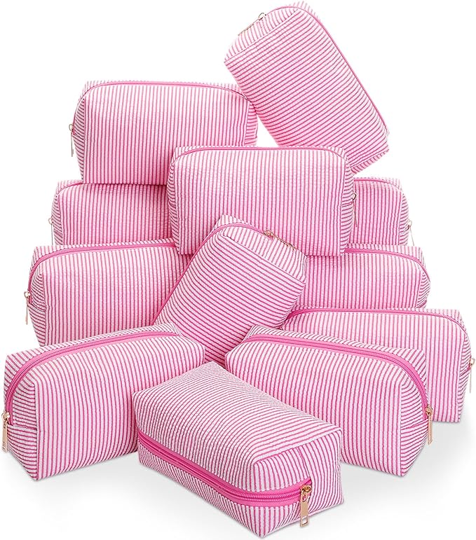 Sanwuta 12 Pcs Seersucker Cosmetic Bags Bulk Seersucker Makeup Bags Stripe Women Pouch Large Preppy Storage Pouch Toiletry Travel for Wedding Bridesmaid Bride Favor Back to Teacher Gift (Pink)
