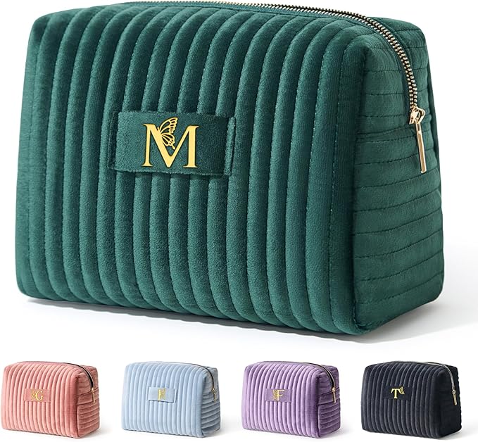 COSHAYSOO Personalized Mothers Day Gifts for Women Initial Make Up Bags Monogrammed 30th 40th Birthday Gift Unique for Her Mom Friend Nurse, Green Velvet Makeup Bag Travel Cosmetic Pouch Letter M