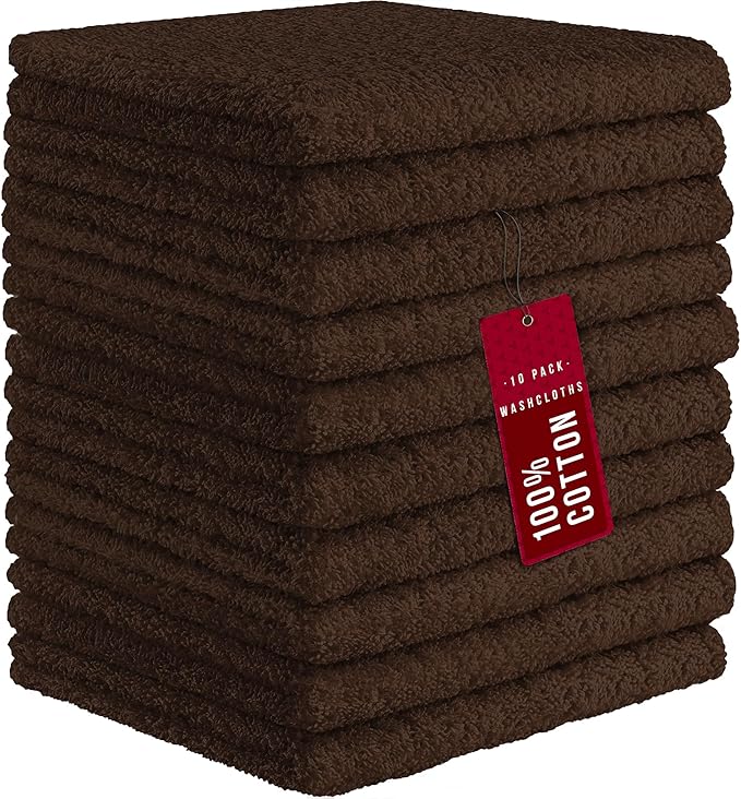 DecorRack 10 Pack 100% Cotton Wash Cloth, Luxurious Soft, 12 x 12 inch Ultra Absorbent, Machine Washable Washcloths, Coffee (10 Pack)