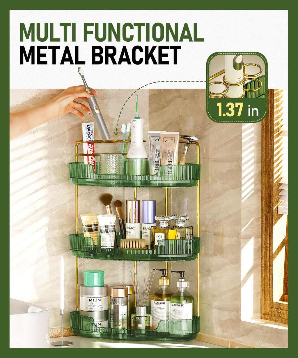 EUHOME 3-Tier Corner Bathroom Counter Organizer Makeup Cosmetic Storage, Tool-Free Installation Acrylic Vanity Shelf, Skin Care Organizer Perfume Tray for Countertop Bathroom, Dresser, Kitchen (Green)