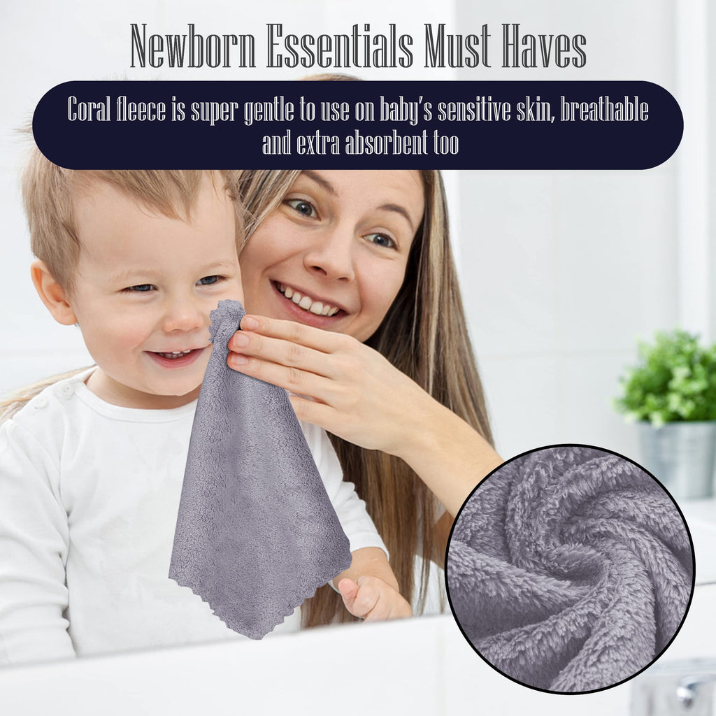 32 Pack Baby Washcloths - 10x10 Inch, Coral Fleece - Extra Absorbent and Soft Wash Clothes for Newborns, Infants and Toddlers - Suitable for Sensitive Skin and New Born - Baby Shower - Light Grey