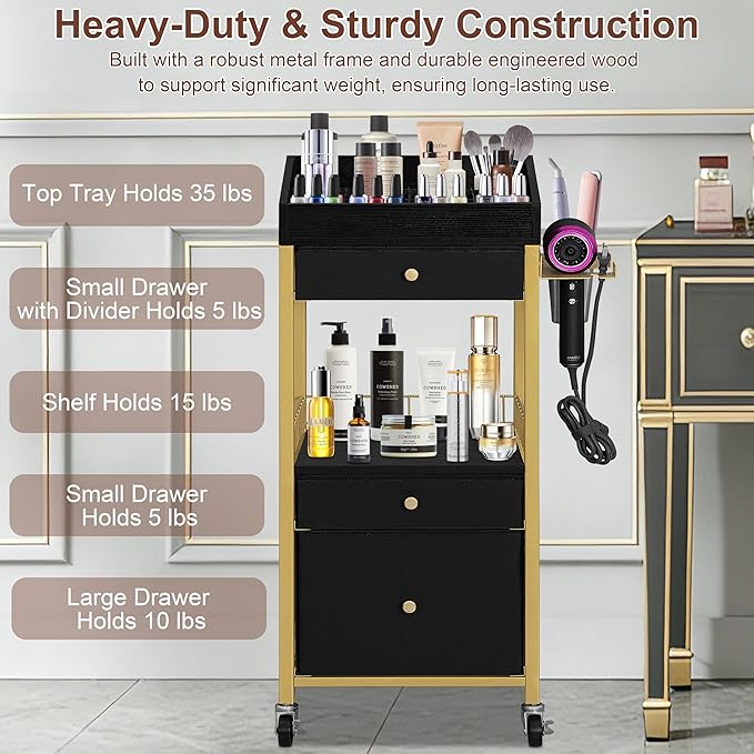 NauwaBarn Makeup Organizer Cart with 3 Drawers, Rolling Vanity Organizer with Detachable Hair Tool Holder & Wheels, Floor Makeup Storage Cart for Skincare, Perfume, Nail Polish, Gold & Black