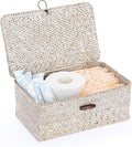 Sumnacon Small Wicker Basket with Lid Rectangle Woven Baskets for Toiletries Tampon Storage,Wicker Storage Basket with Lid,Decorative Seagrass Storage Baskets for Shelf Bathroom Toilet Table,Whitewash
