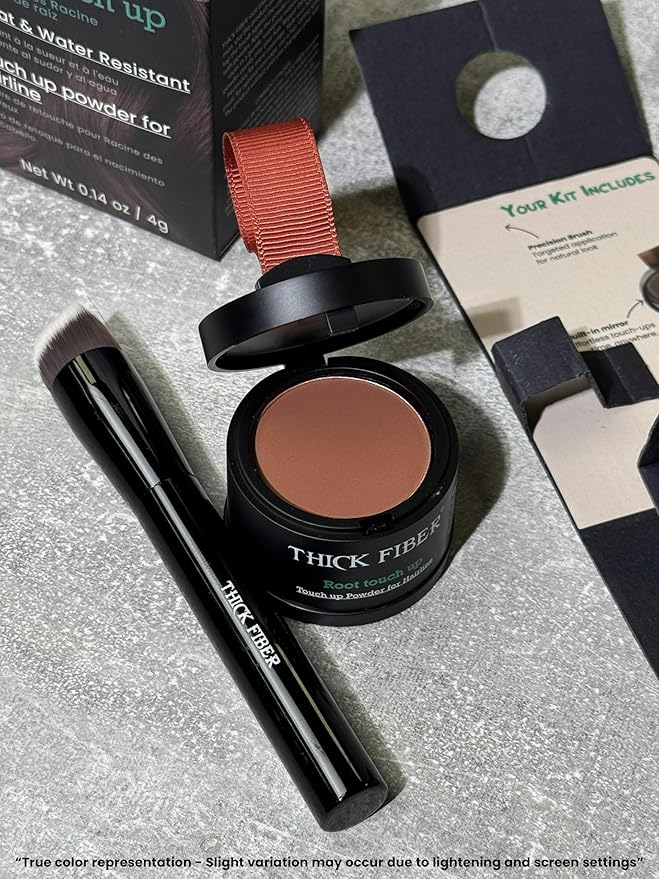 THICK FIBER Root Touch Up Set - Water & Sweat Resistant Hair Loss Concealer for Thinning Hair Women, Includes Hairline Powder and Brush (Auburn)