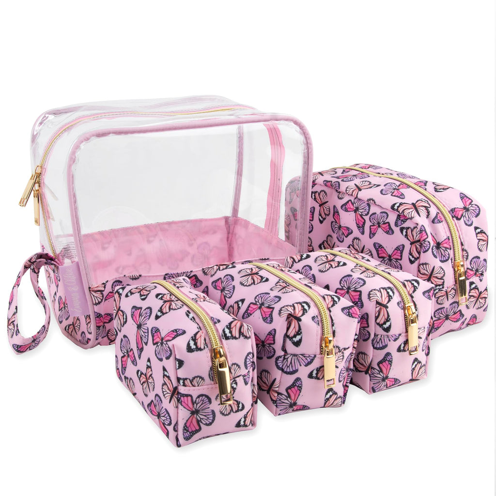 Emma & Chloe Travel Toiletry Bags for Women, 5 Piece Waterproof Cosmetic Case, Bag, Pouch Makeup Organizer Set for Women, Home Counters (Fluttering Pink Butterflies)