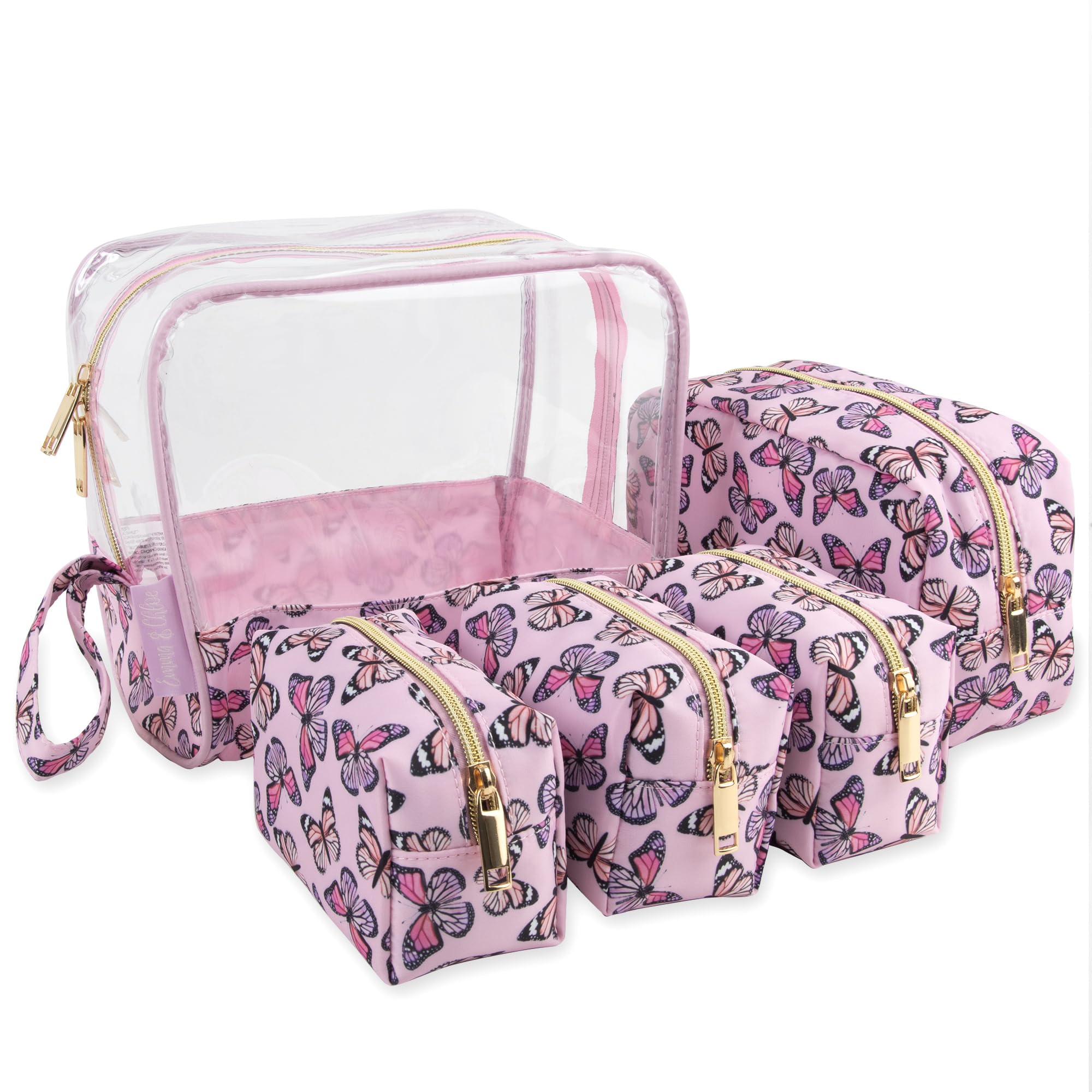 Emma & Chloe Travel Toiletry Bags for Women, 5 Piece Waterproof Cosmetic Case, Bag, Pouch Makeup Organizer Set for Women, Home Counters (Fluttering Pink Butterflies)