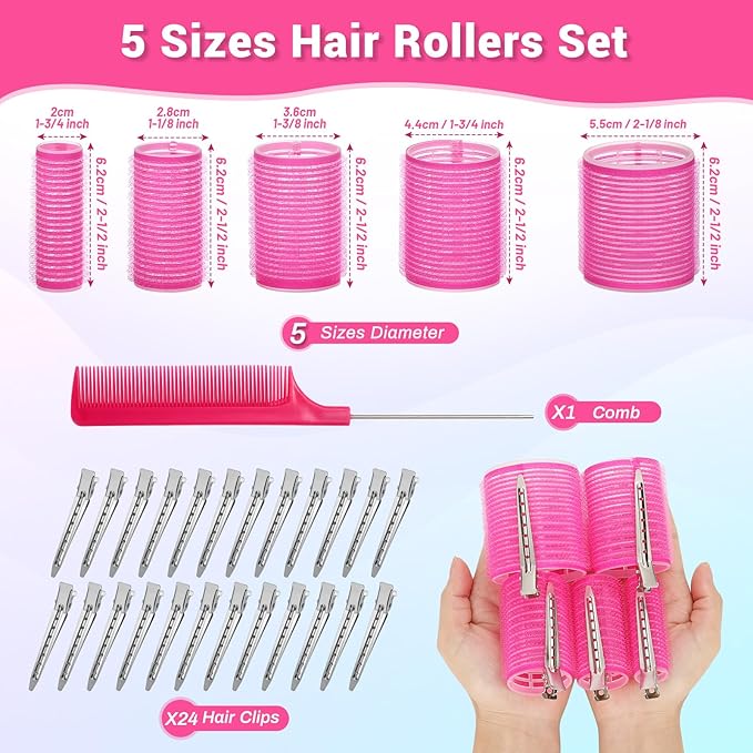 56 Pcs Hair Roller Set for Blowout Look, Long Medium Short Hair Volume; 30Pcs Rollers, 5 Sizes, 24 Pcs Clips, Storage Bag